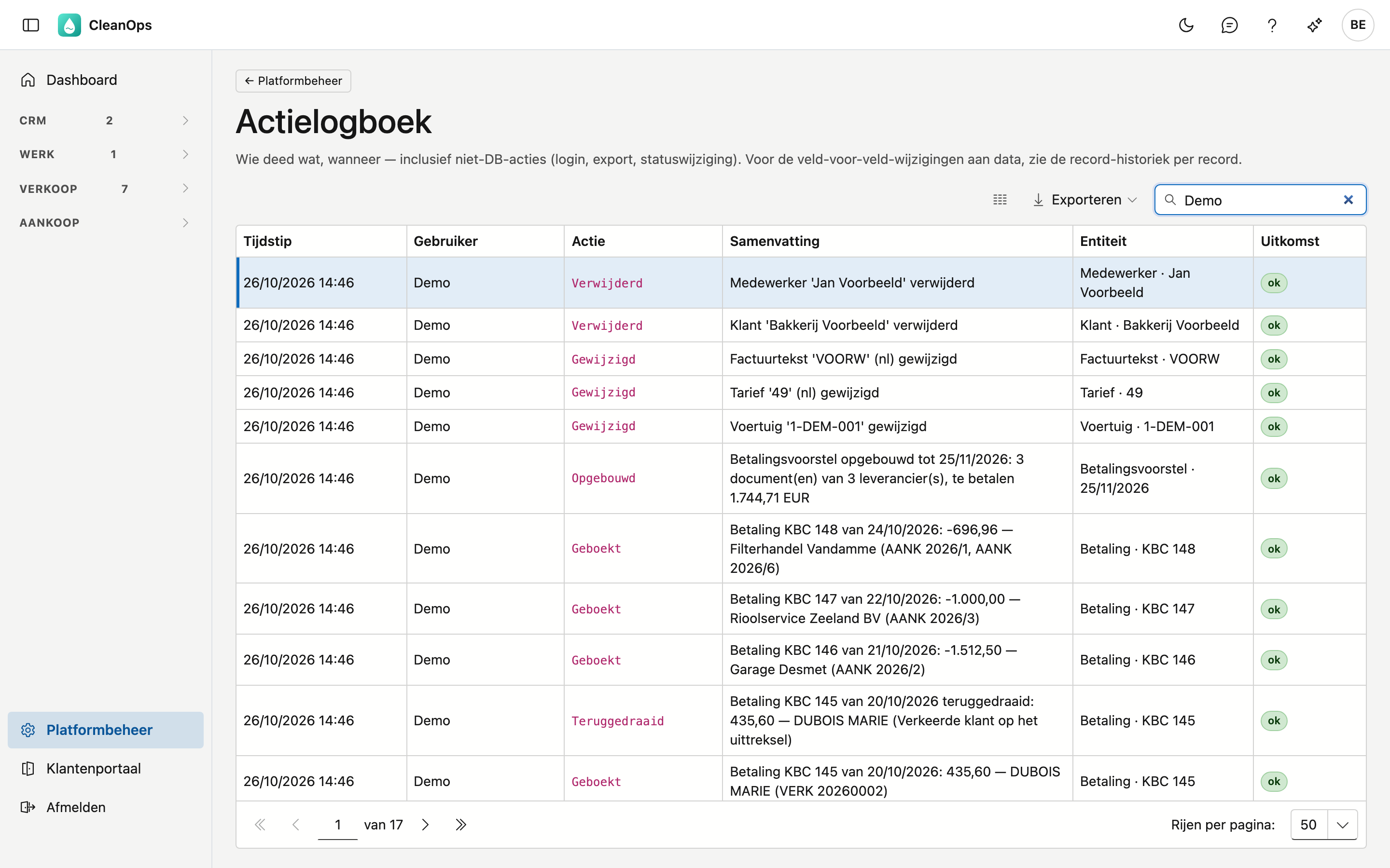 Actielogboek Het actielogboek, gezocht op Demo: vijf acties, Gewijzigd en Verwijderd, elk met zijn samenvatting en entiteit