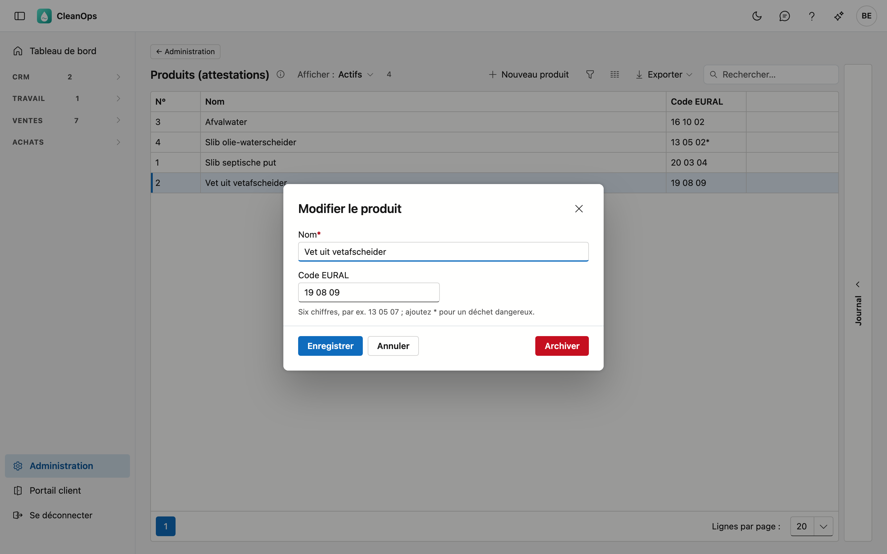 Un produit La fenêtre Modifier le produit avec le Nom et le Code EURAL 19 08 09