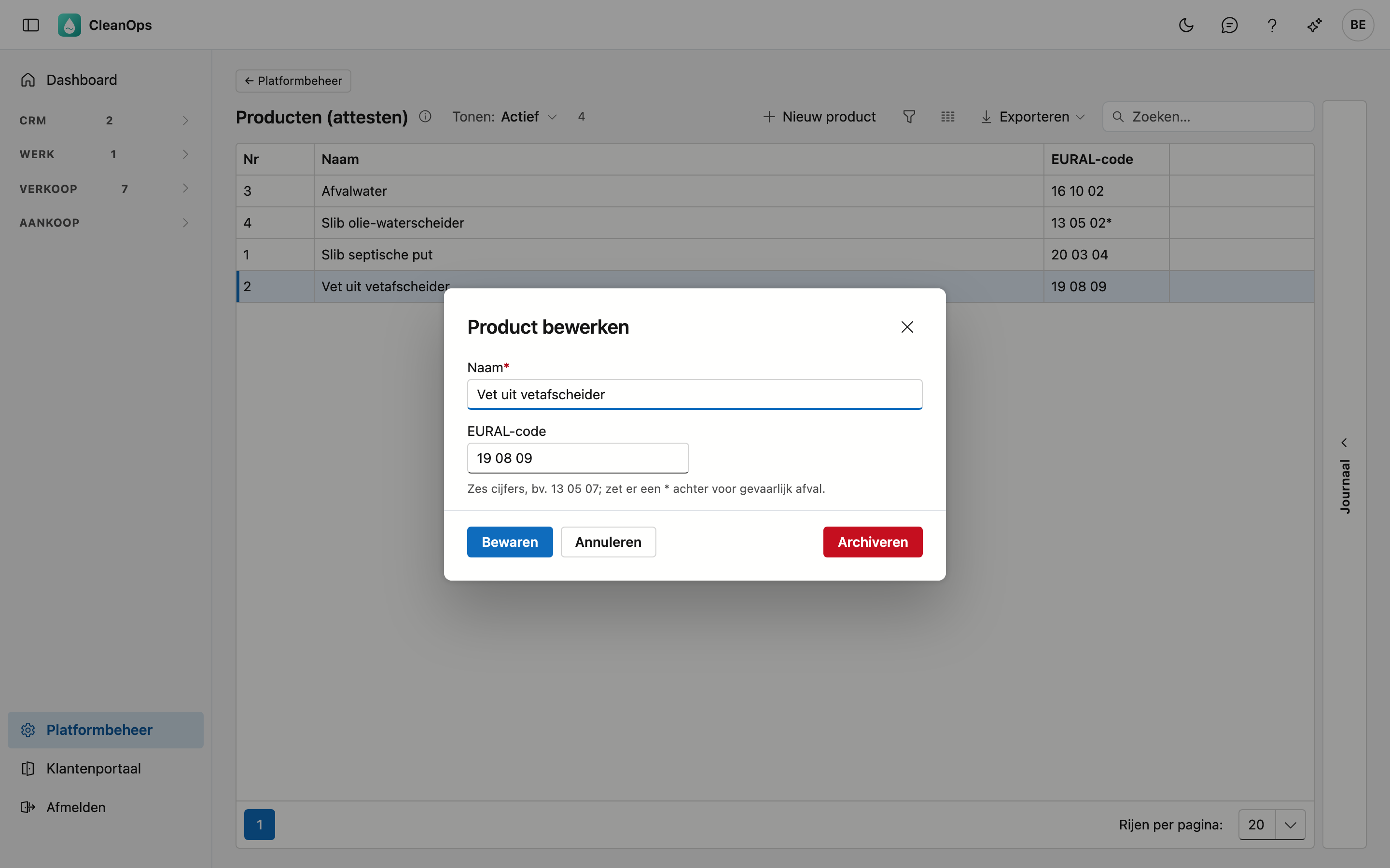 Een product Het venster Product bewerken met Naam Vet uit vetafscheider en EURAL-code 19 08 09