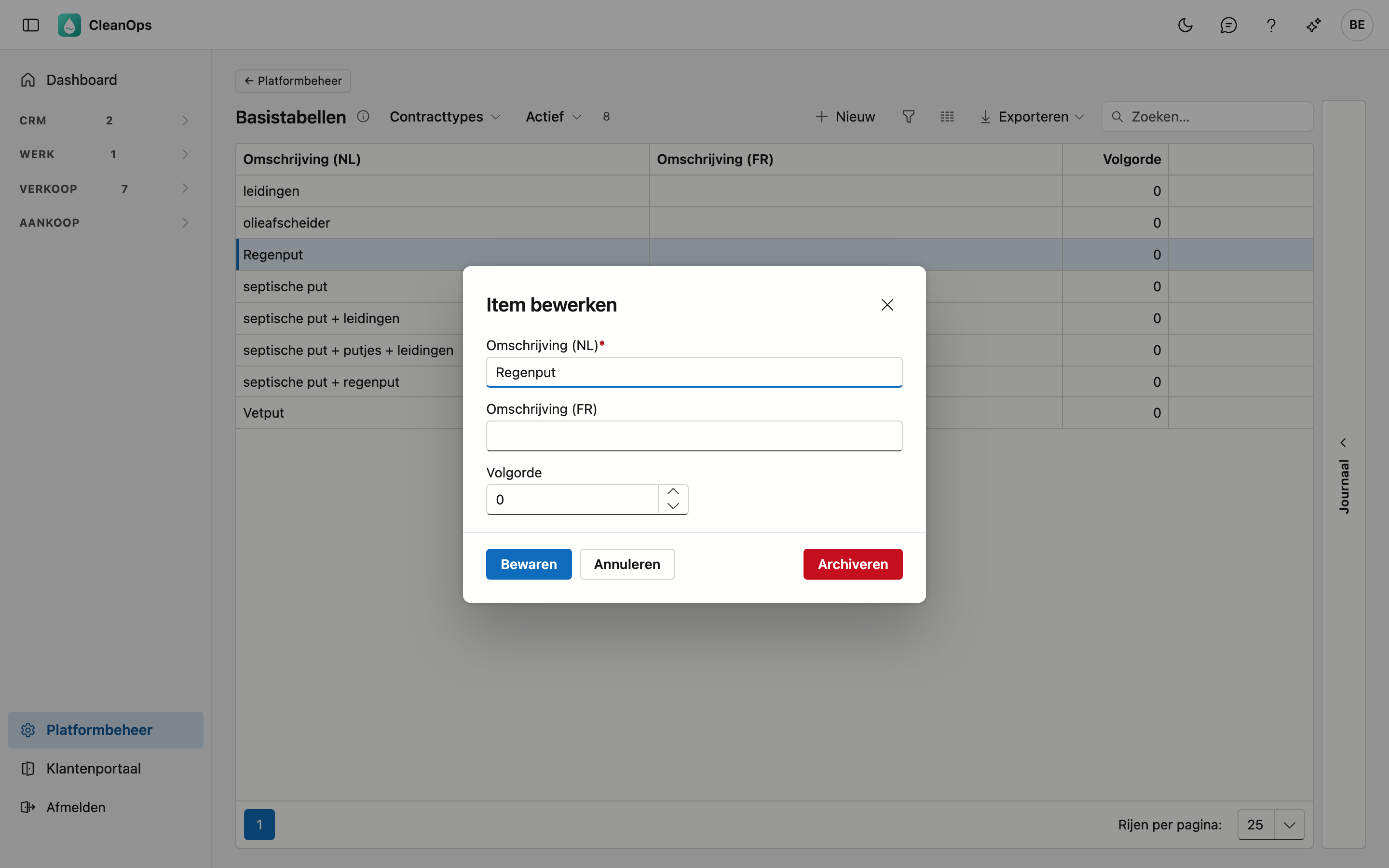 Een item Het venster Item bewerken met Omschrijving (NL), Omschrijving (FR) en Volgorde