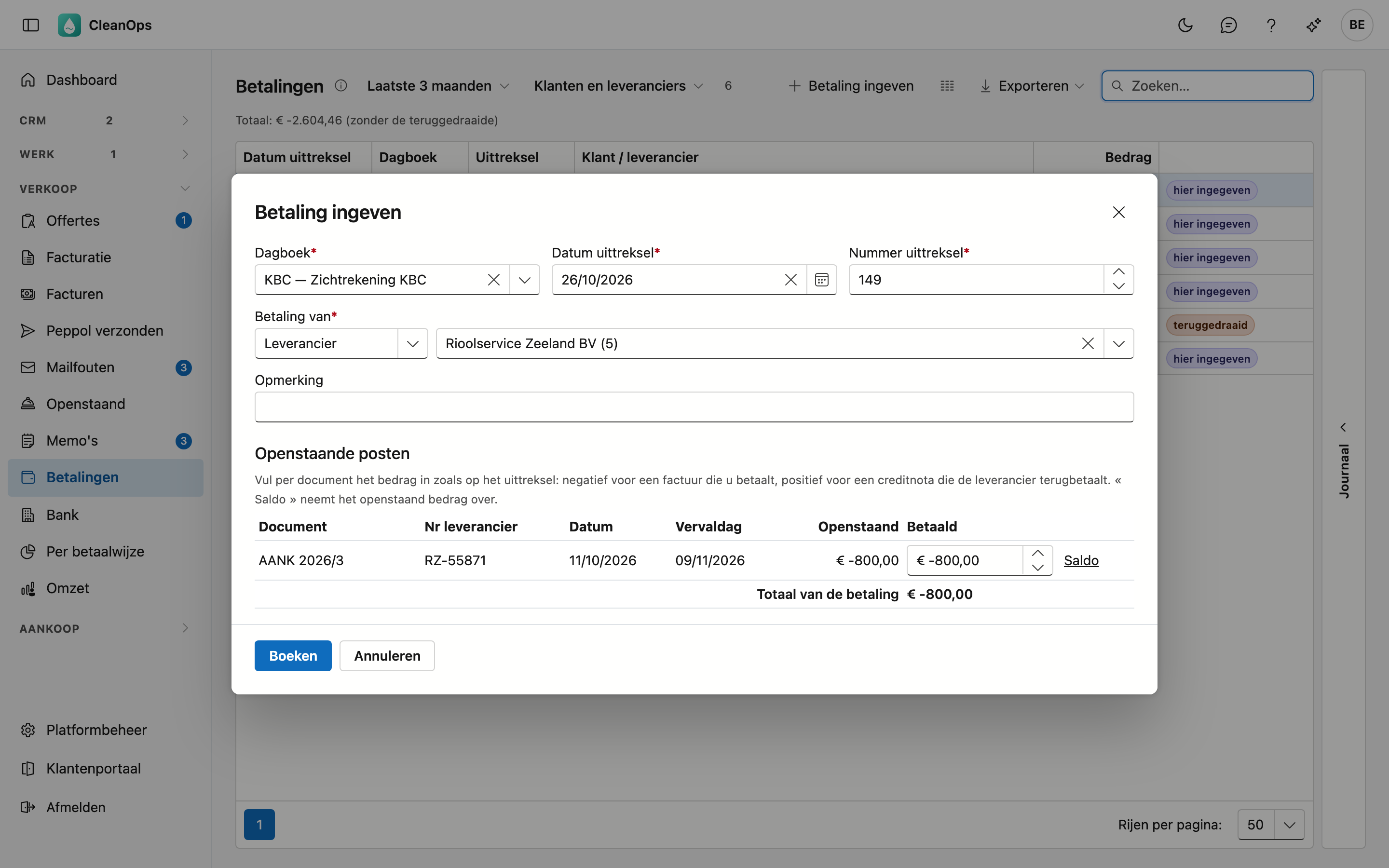 Een leverancier betalen Het venster Betaling ingeven voor een leverancier: Betaling van Leverancier, zijn Openstaande posten met het Nr leverancier, en het Totaal van de betaling