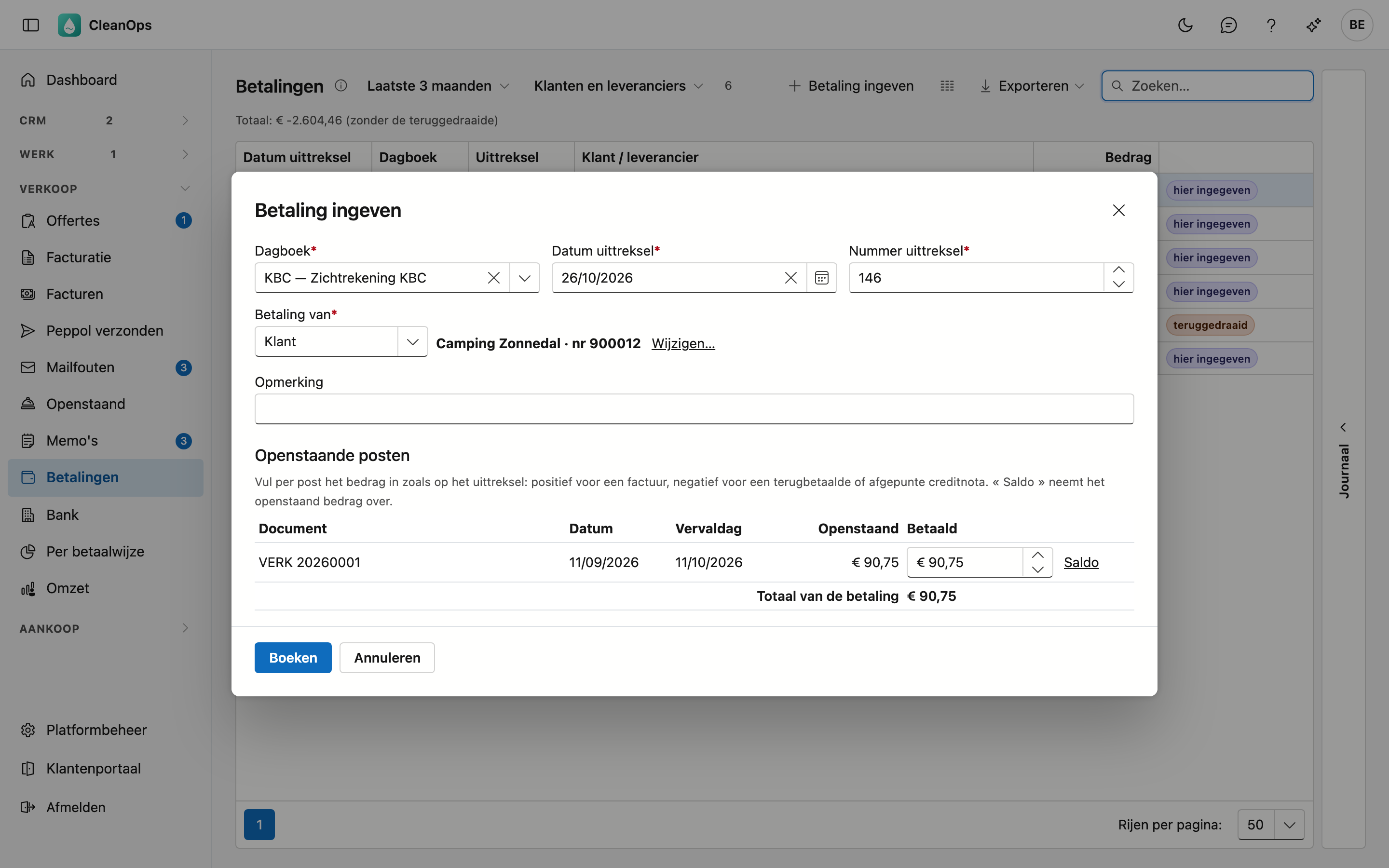 Betaling ingeven Het venster Betaling ingeven met Dagboek KBC, de Datum en het Nummer van het uittreksel en de klant Camping Zonnedal, met haar Openstaande posten en het Totaal van de betaling