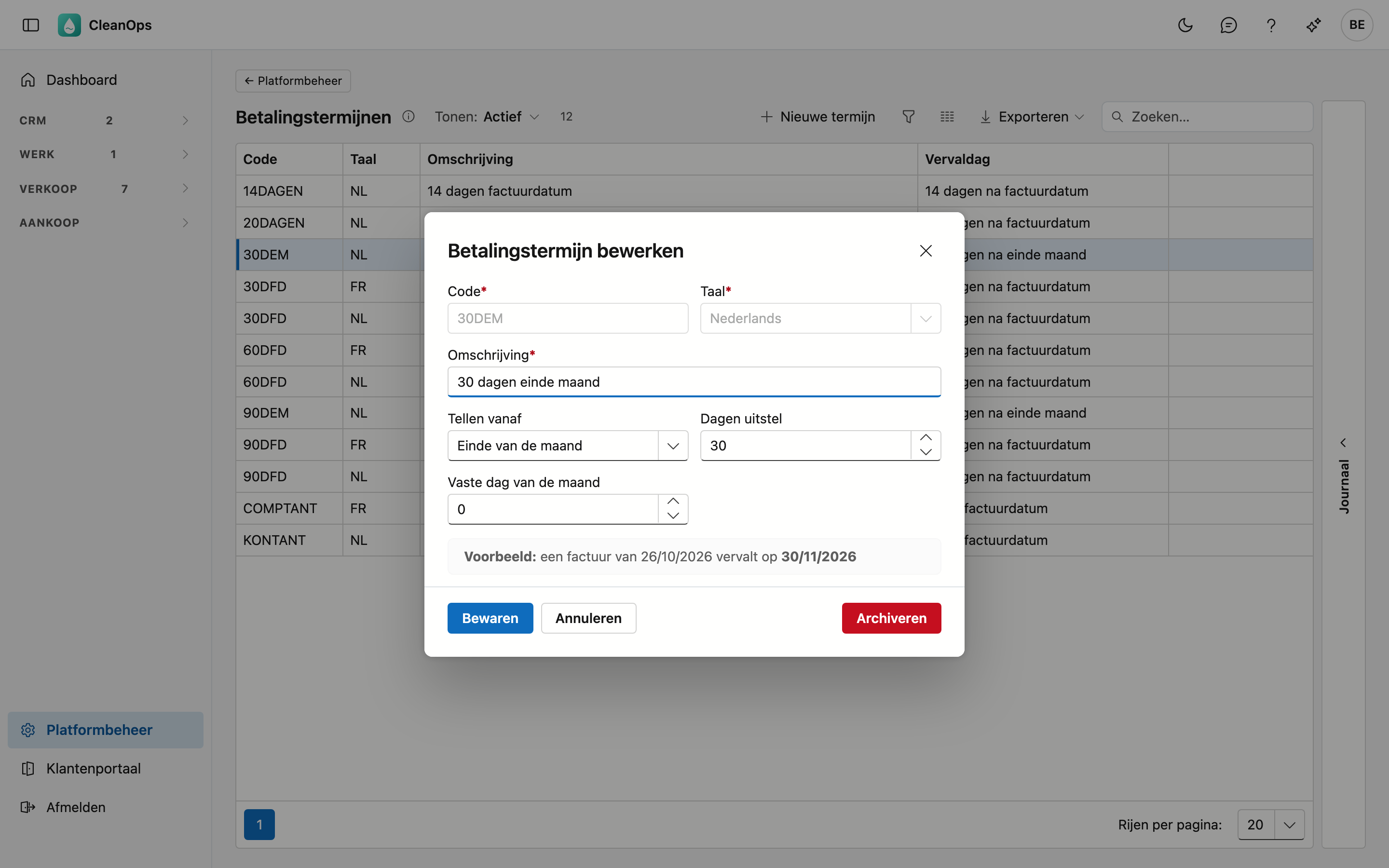 Een betalingstermijn Het venster Betalingstermijn bewerken met Code, Taal, Omschrijving, Tellen vanaf, Dagen uitstel, Vaste dag van de maand en het Voorbeeld onderaan