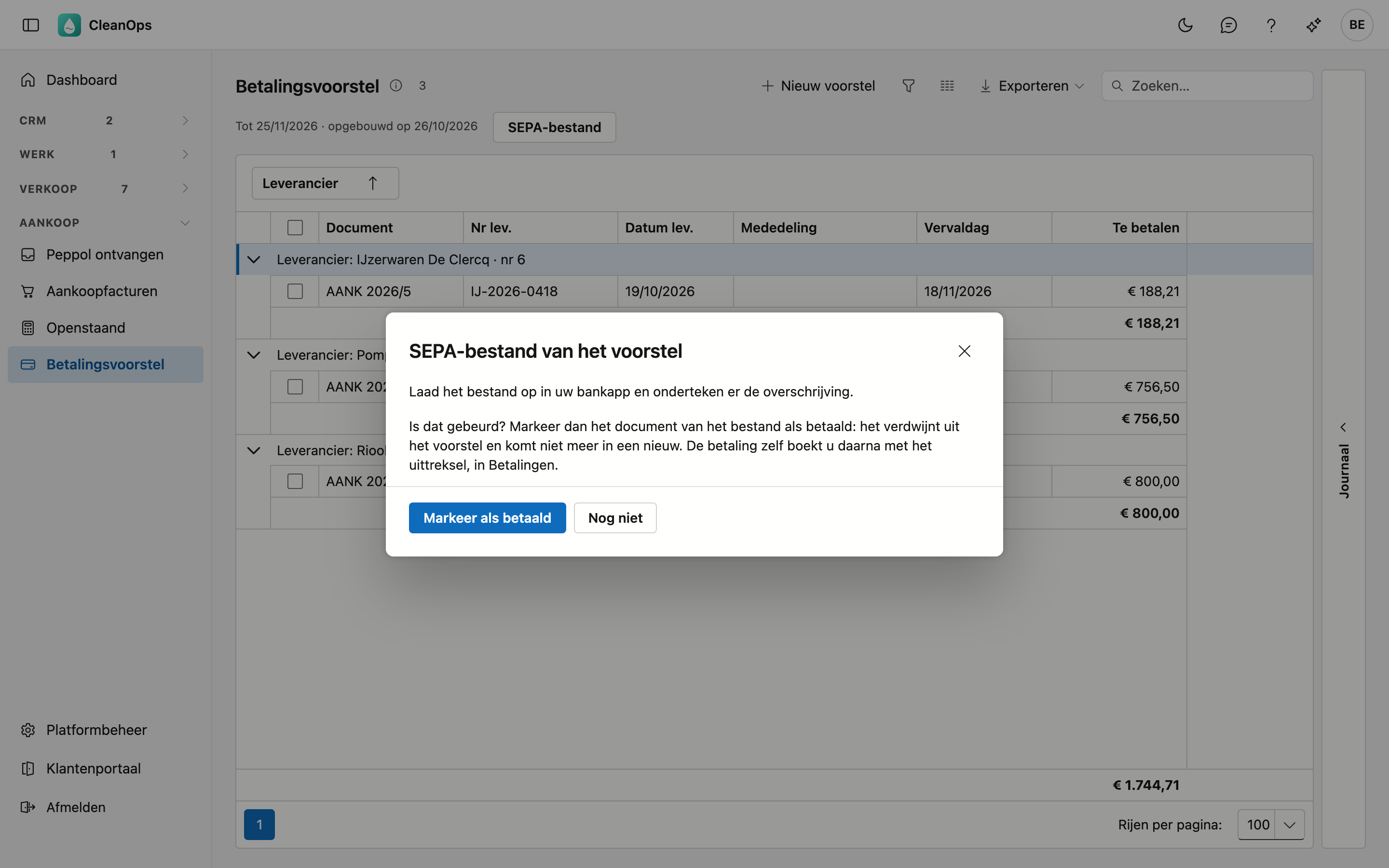 Als betaald markeren Het venster na het downloaden, met de knoppen Markeer als betaald en Nog niet
