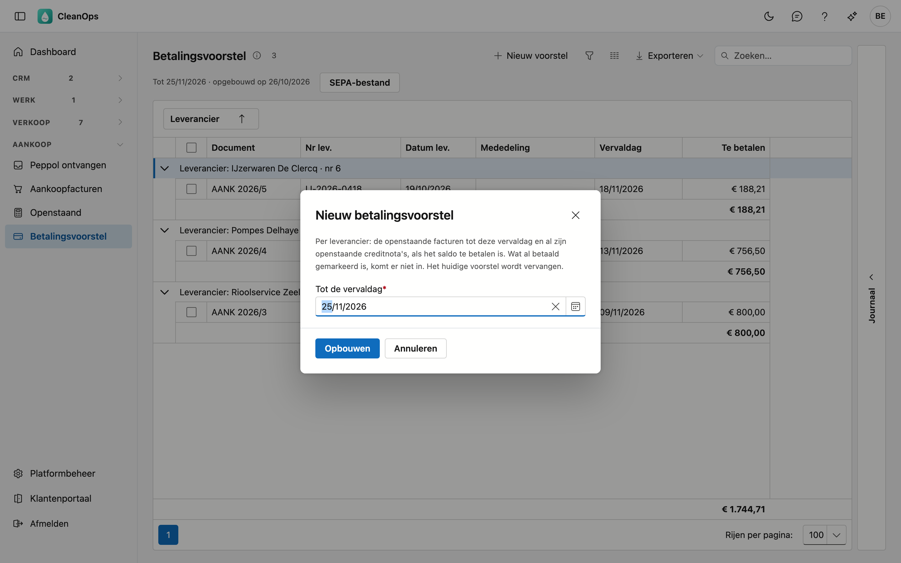 Nieuw betalingsvoorstel Het venster Nieuw betalingsvoorstel met de uitleg en het veld Tot de vervaldag