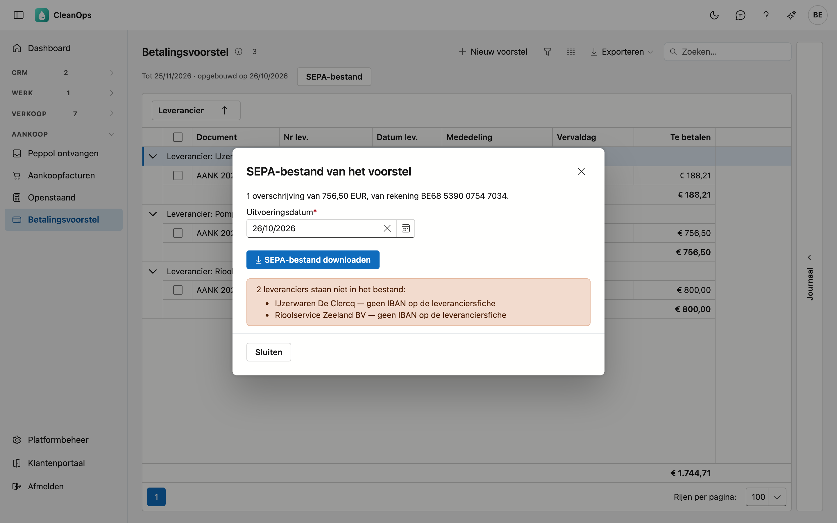 SEPA-bestand van het voorstel Het venster SEPA-bestand van het voorstel met één overschrijving, de Uitvoeringsdatum, de knop SEPA-bestand downloaden en twee leveranciers die niet in het bestand staan