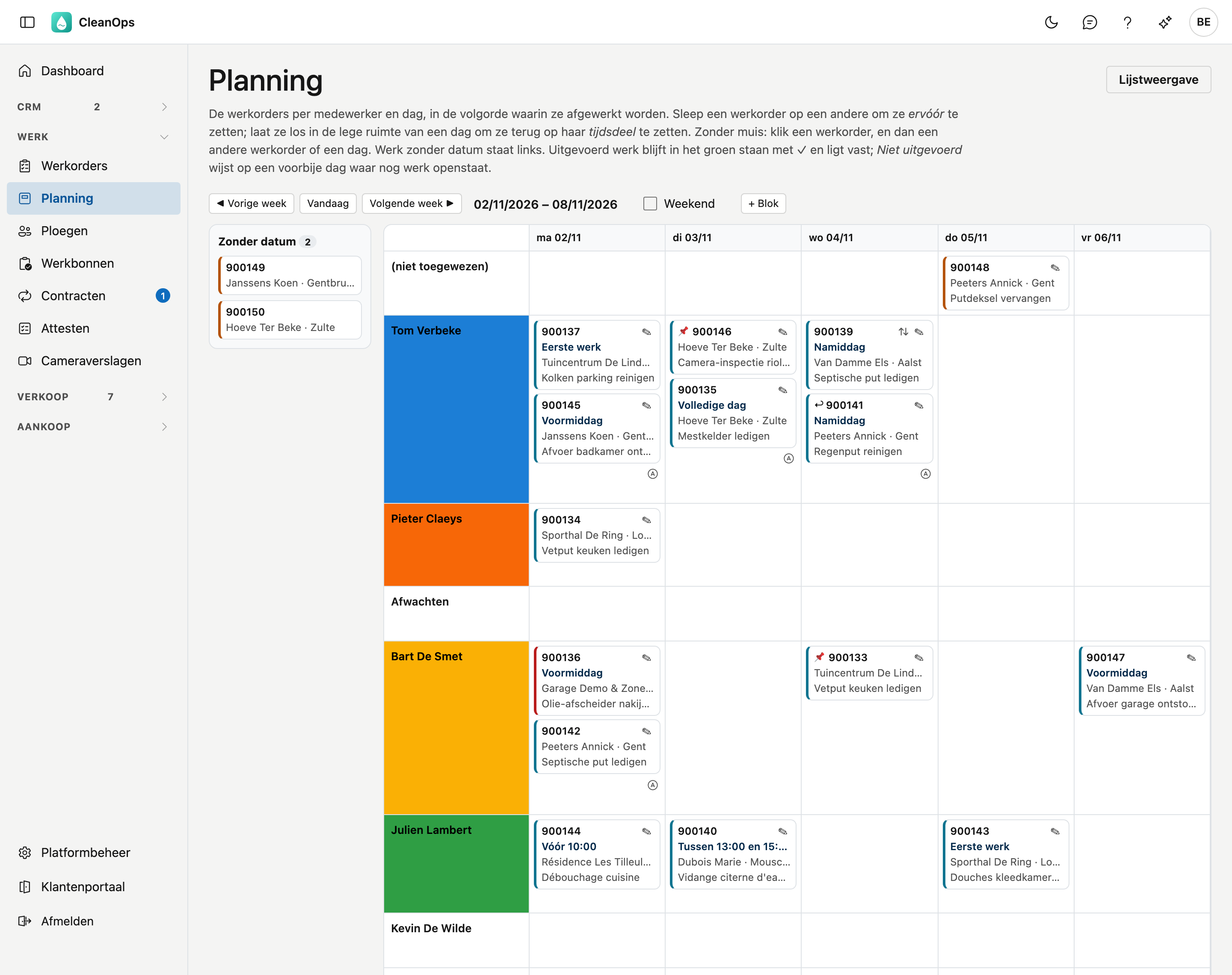 Planbord Het planbord van de demo: een week met per medewerker een rij in zijn kleur, links het werk onder Zonder datum