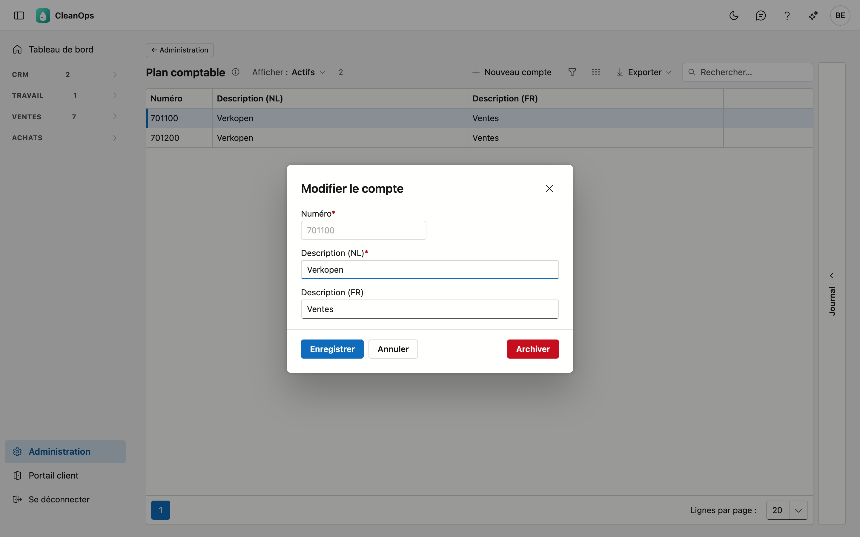 Un compte La fenêtre Modifier le compte pour 701100 avec Numéro, Description (NL) Verkopen et Description (FR) Ventes
