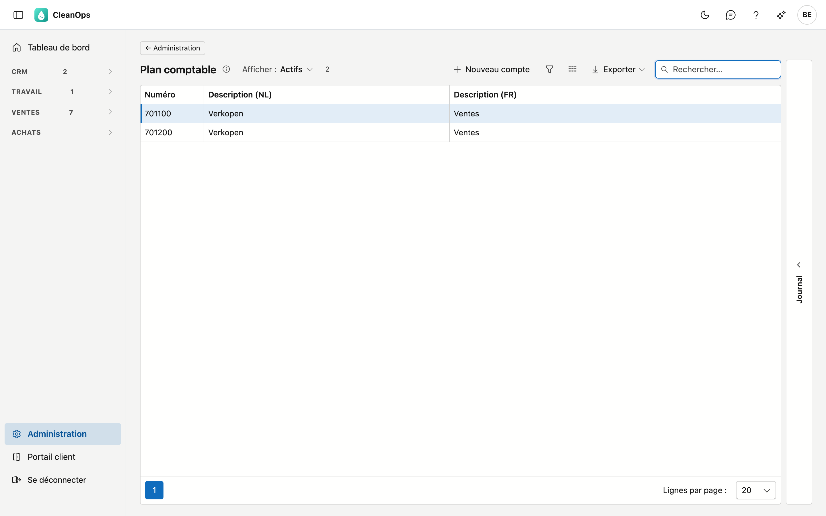 Plan comptable La liste Plan comptable avec les colonnes Numéro, Description (NL) et Description (FR), le champ de recherche et le bouton Nouveau compte