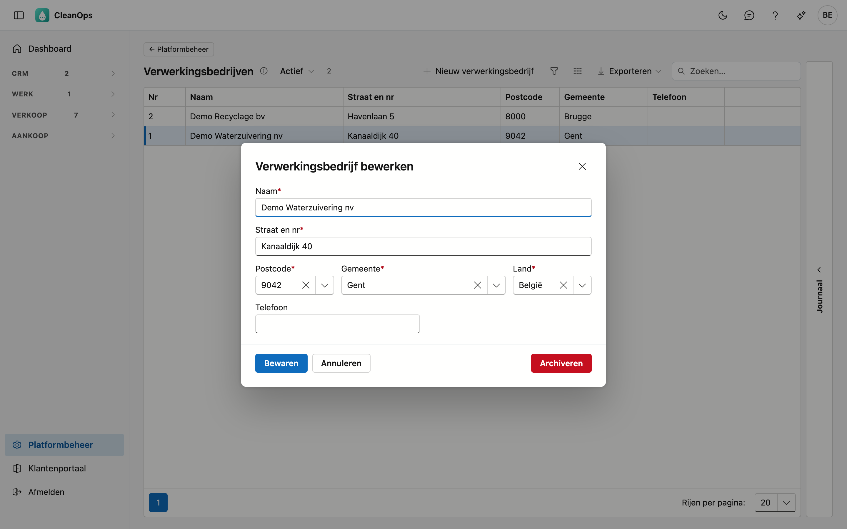Een verwerkingsbedrijf Het venster Verwerkingsbedrijf bewerken met Naam, Straat en nr, Postcode, Gemeente, Land en Telefoon